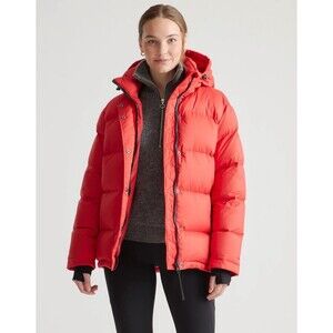Quince Women's Red Responsible Down Puffer Jacket sz L Full Zip Removable Hood